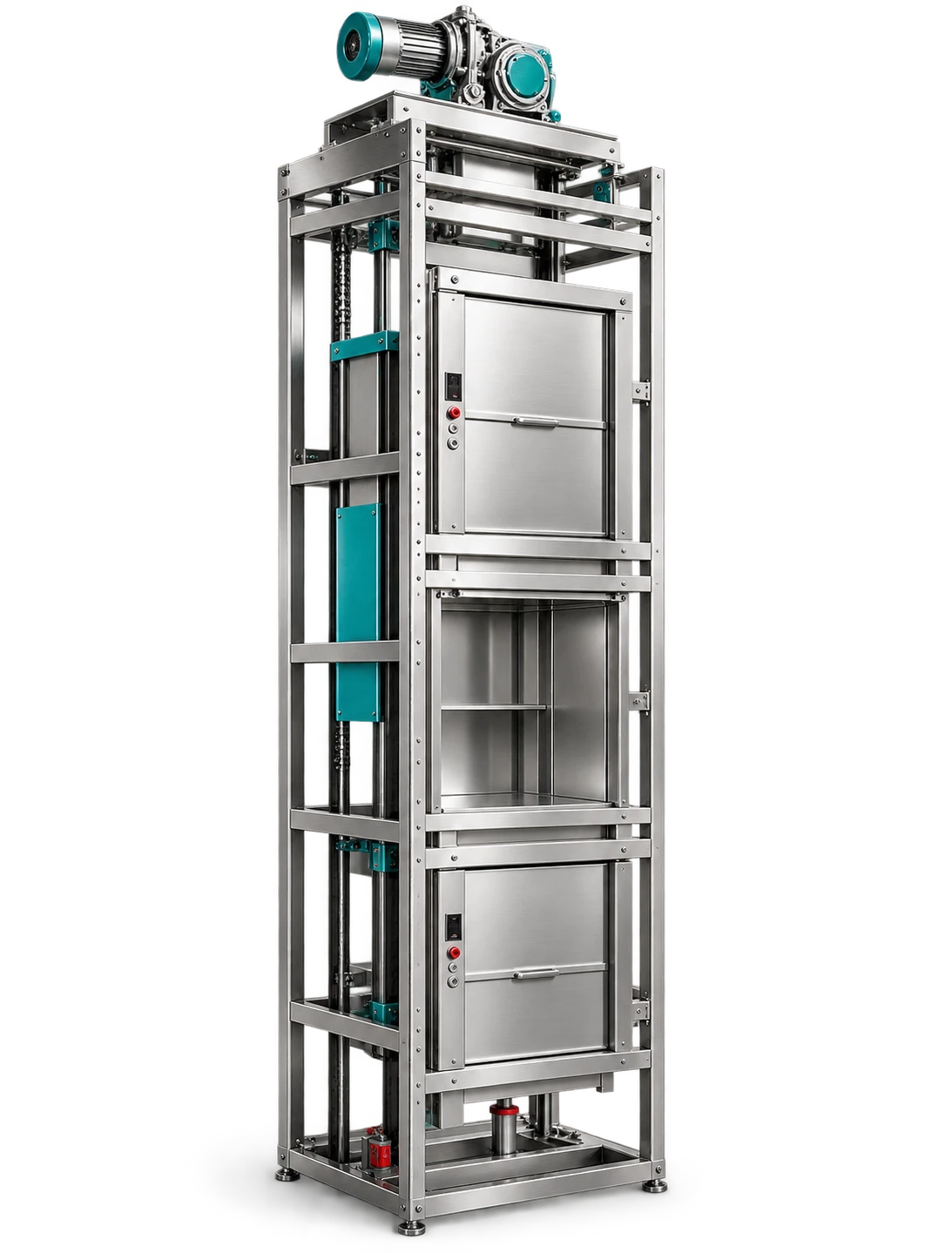 Ilustrasi konsep dumbwaiter stainless dengan rangka dan motor penggerak